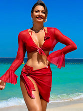 Red Black Floral Mesh Skirt Sexy Three Piece Swim Sets
