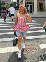 Red Checkered Pleated Fluffy Strapless