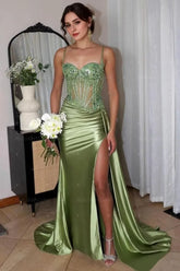 Sage Green Lace Mermaid Prom Dress