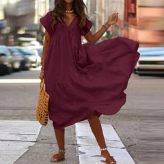 Cotton Linen Oversize Loose V-neck Boho Dress