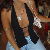 Sexy Backless Black Lace-up Y2K Cami Top