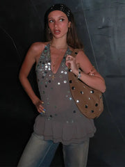 Sequin Lace-Up Ruffle A-Line Mini Dress