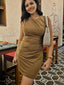 Solid Pleated Mini O-Neck Sleeveless Work Dress