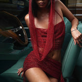 Hooded Crop Asymmetrical Sparkling Mesh Rave Two Piece Skirt Set