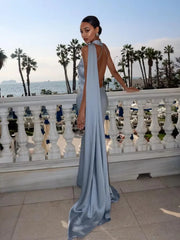 Satin Scarf Collar Halter Maxi Dress