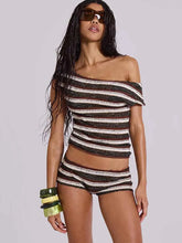 Casual Striped Skew Collar Crop Top Two Piece Shorts Set