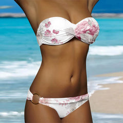 Ruched White Dot Print Two Piece Swim Sets