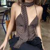 Y2K Dots Print Halter Deep V Neck Tied Back Slim Cami Top