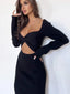 Spring Autumn Women's Solid Color Long sleeved Temperament Slim Hollow Open Midi Dresses