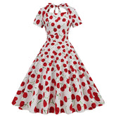 Sweetheart Neck High Waist Cherry Vintage 50s Midi Short Sleeve Backless Tie Back Rockabilly Party Swing Dress