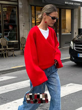 Vintage Loose Casual V Neck Long Sleeve Pullover Christmas Sweater Sweaters-L