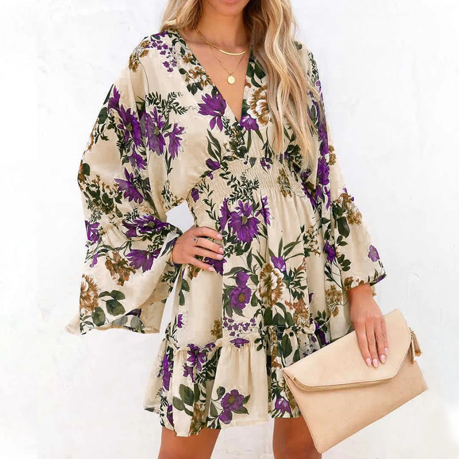 Flared Boho Floral Print Ruffles Long Sleeve Mini Casual Beach Sundre