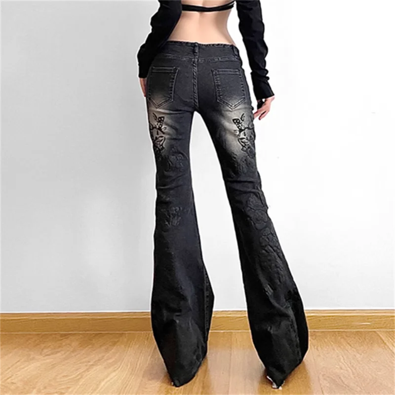 Women Gothic Y2K Flare Jeans 90s Aesthetic Low Waist Pants