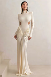 Elegant Solid Turtleneck Long Sleeve Ruched Bodycon Dress