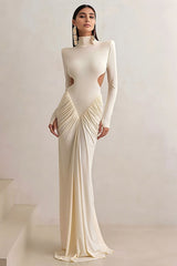 Elegant Solid Turtleneck Long Sleeve Ruched Bodycon Dress