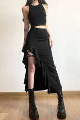 Black Ruffle Trim Slit Bodycon Skirt