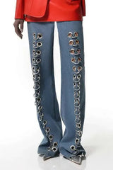 Metal Hole Hollow Out Straight Jeans