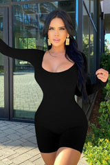 Solid Ribbed U Neck Long Sleeve Slim Athletic Booty Lifting Jumpsuit