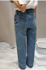 Beaded High Waist Straight Leg Jeans