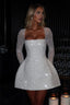 Luxury Sequin Long-Sleeve A-Line Bow Backless Mini Sequin Dress