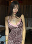 Leopard Print Patchwork Lace Slim Pleated Slip Dress