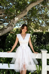 DressBetty - Lace Patchwork Asymmetrical White Dress Femme Sleeveless Slim Fit Party
