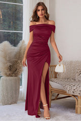 Silky Bardot High Slit Elegant Sexy Formal Dress