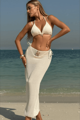 Sexy Solid Mesh Long Skirt Three Piece Swim Set