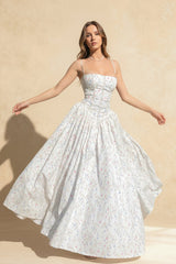 Chiffon Pleated Floral Off Shoulder Maxi Dress
