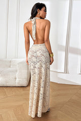 Sheer Halter Backless Lace Dress