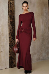 Elegant Burgundy Long Slim Metal Trim Formal Dress