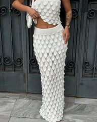 Crochet Solid Ruffle Ruched High Waist Two Piece Skirt Set