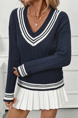 Contrast V-Neck Cable Knit Sweater