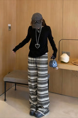 Relaxed Fair Isle Fleece Wide Leg Knit Pants