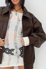 Lapel Collar Faux Leather Motorcycle Jacket