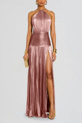 Metallic Pleated Slit Tie Halter Sleeveless Formal Dress