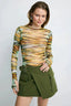 Abstract Print Mock Neck Mesh Long Sleeved T-shirts