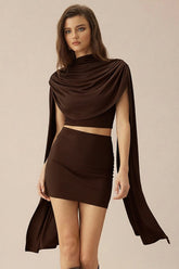 Cowl Neck Shawl Ruched Sexy Two Piece Set