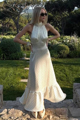 Polka Dot Backless Satin Maxi Dress