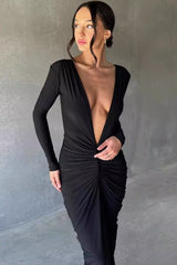 Sexy V Neck Bodycon Ruched Solid Long Sleeve Formal Dress