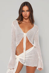 Sheer Tie Mesh Long Sleeve Bandeau Two Piece Set