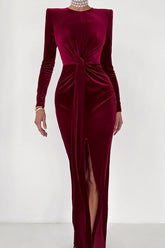 Sultry High Slit Angora Red Velvet Dress