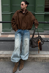 Light Wash Whisker Fleece Lined Wide Leg Loose Jeans