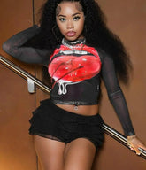 3D Print Mesh O-Neck Long Sleeve Sheer Top