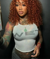 Letter Print Y2K Sheer Top