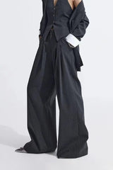 Grey Striped Vest Wide Leg Three Piece Set