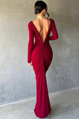 Sexy V Neck Bodycon Ruched Solid Long Sleeve Formal Dress