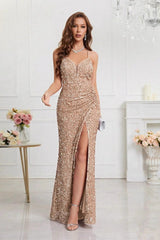 V Neck Slit Sequin Slip Prom Dress