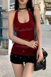 Rhinestone Halter Sheer Tank Top