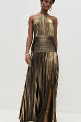 Metallic Pleated Slit Tie Halter Sleeveless Formal Dress